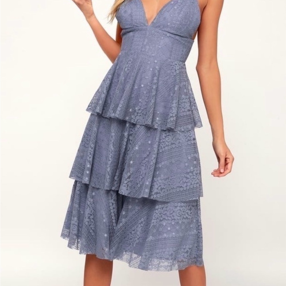 Lulu's Dusty Blue Lace Tiered Midi Dress